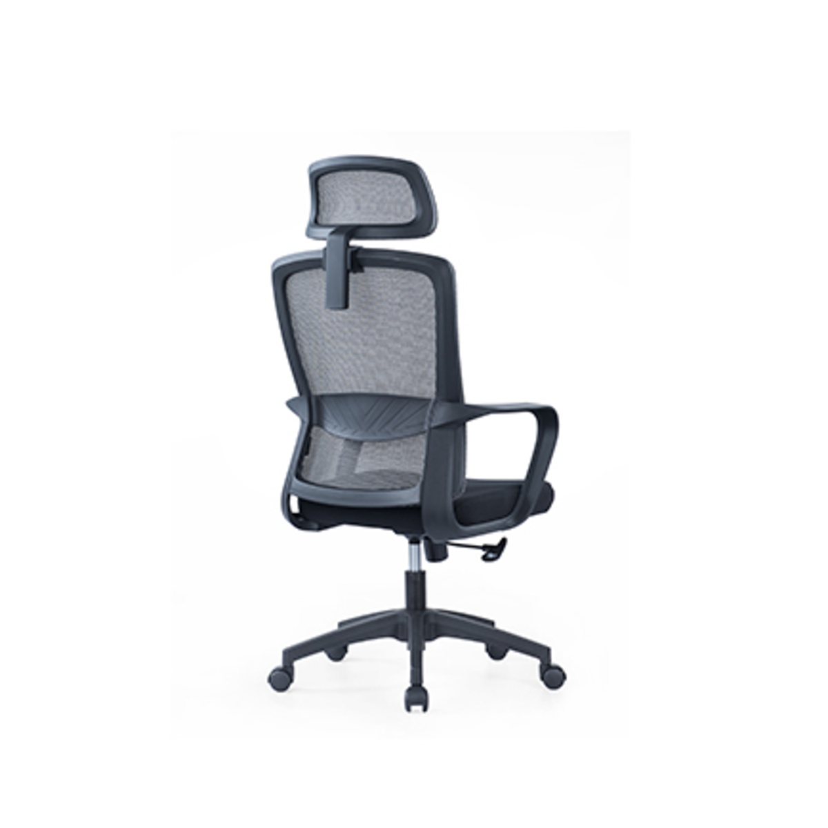 High-back mesh office chair with headrest rear angle view