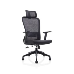 High-back mesh office chair with headrest and T-shaped arms