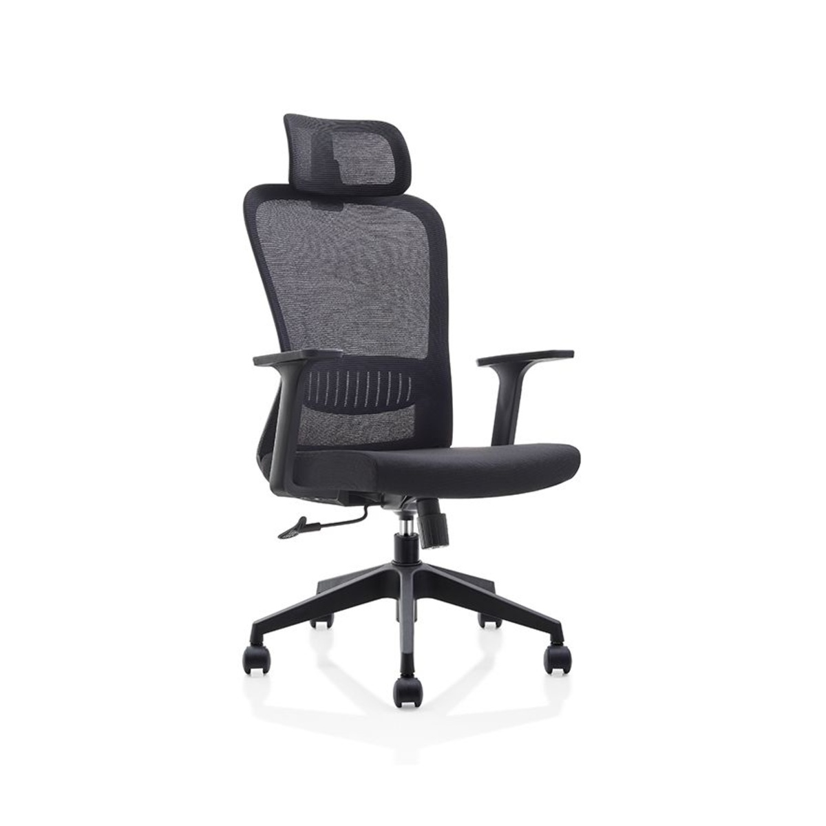 High-back mesh office chair with headrest and T-shaped arms